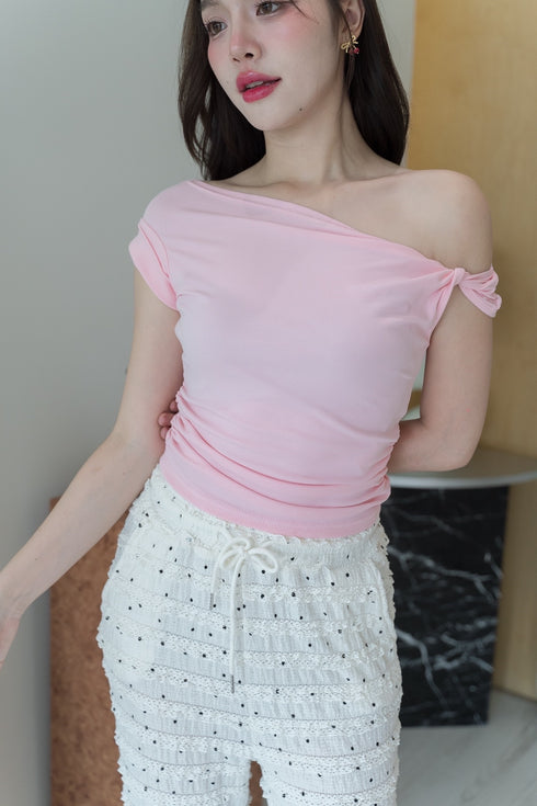Short-Sleeve One-Shoulder Plain Ruched Cropped Tops